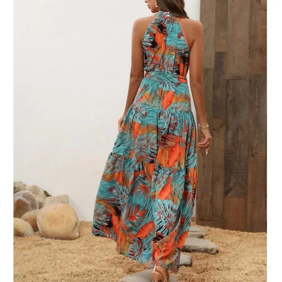 Tropical Palm Print Belted Halter Maxi Dress - Picture 7 of 8